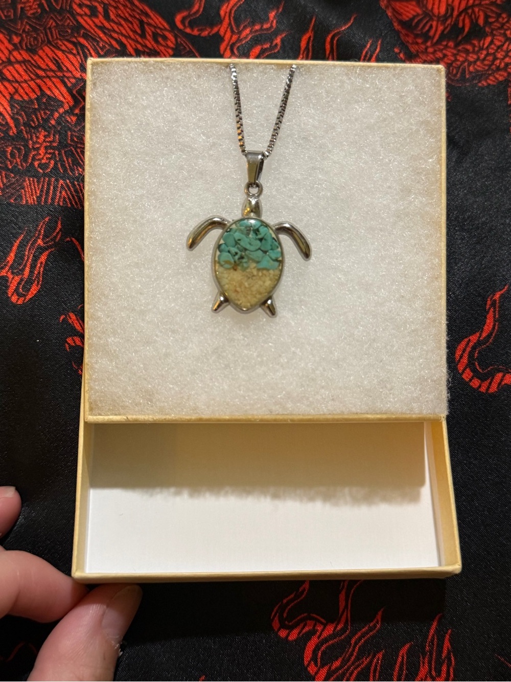 Sterling Turtle Pendant Necklace with Turquoise and Sand Inlay - Silver Tone
